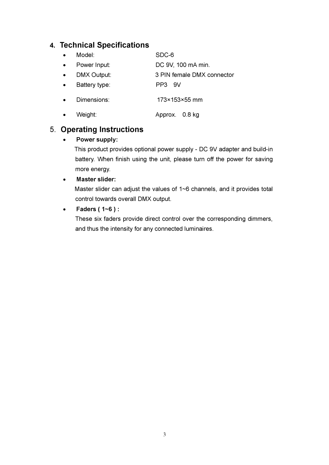 Elation Professional sdc-6 Technical Specifications, Operating Instructions, Power supply, Master slider, Faders 1~6 