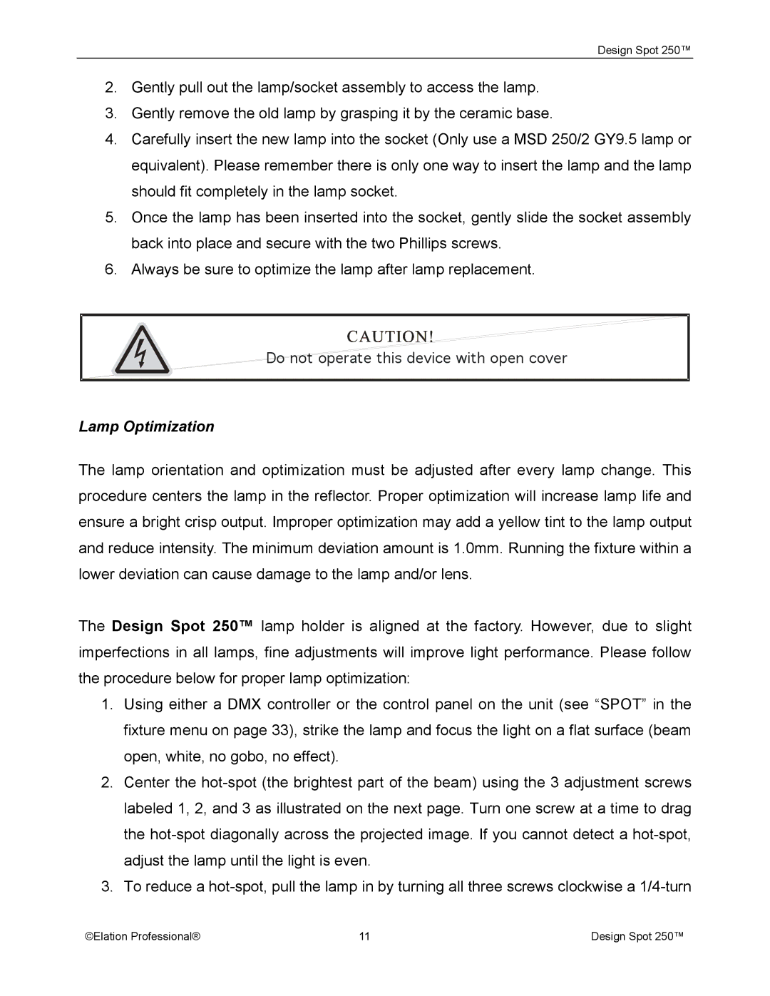 Elation Professional Spot 250 manual Lamp Optimization 