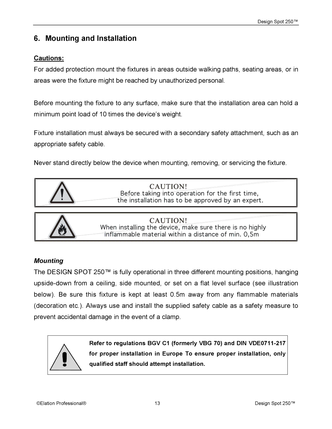 Elation Professional Spot 250 manual Mounting and Installation 