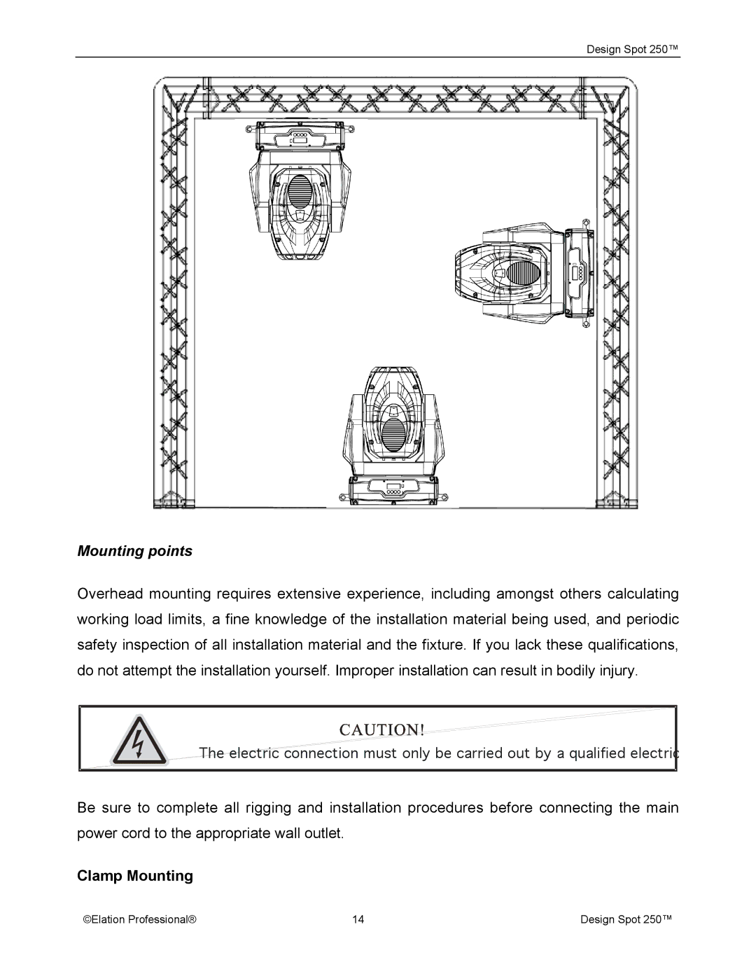 Elation Professional Spot 250 manual Mounting points, Clamp Mounting 
