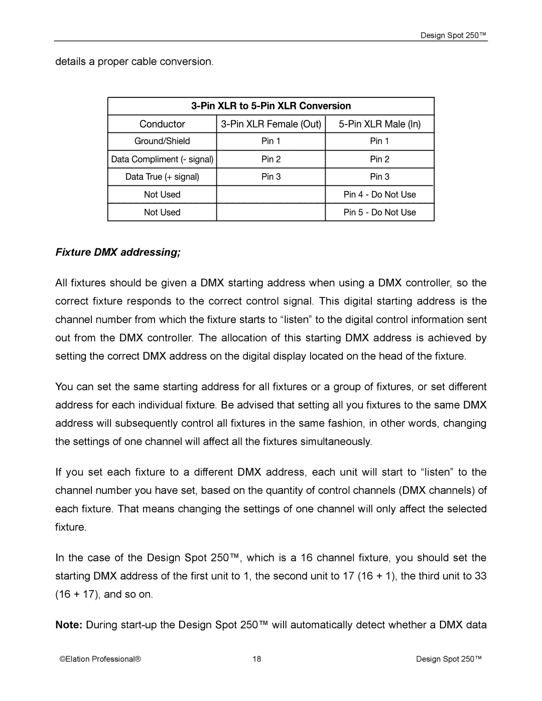 Elation Professional Spot 250 manual Fixture DMX addressing 