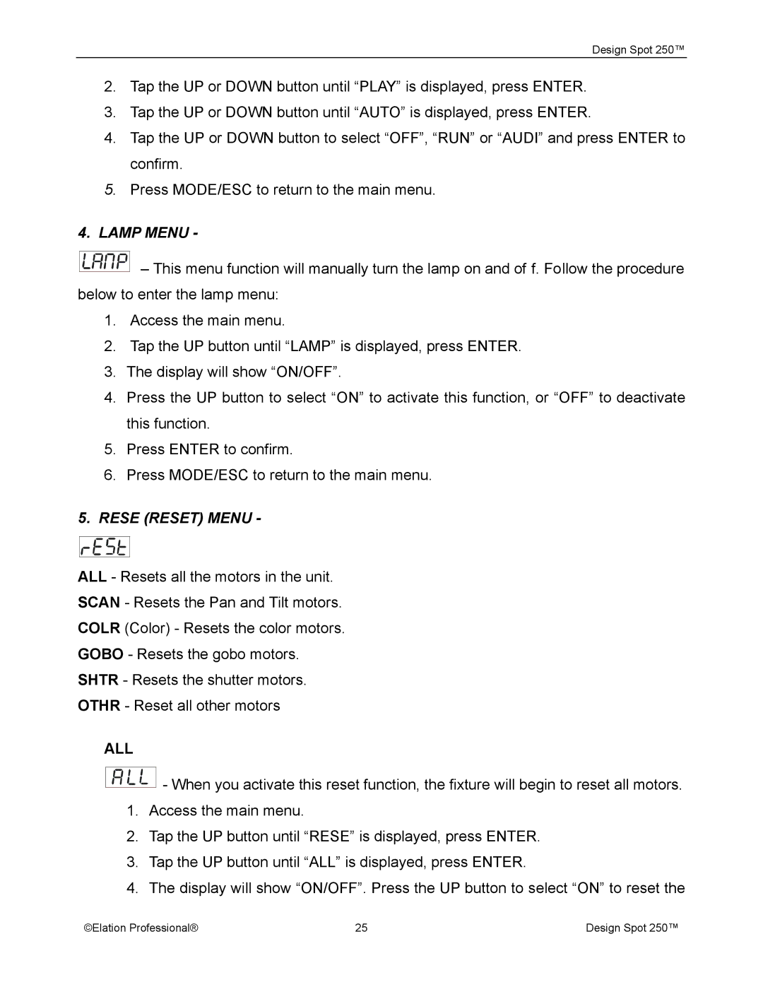 Elation Professional Spot 250 manual Lamp Menu, Rese Reset Menu, All 
