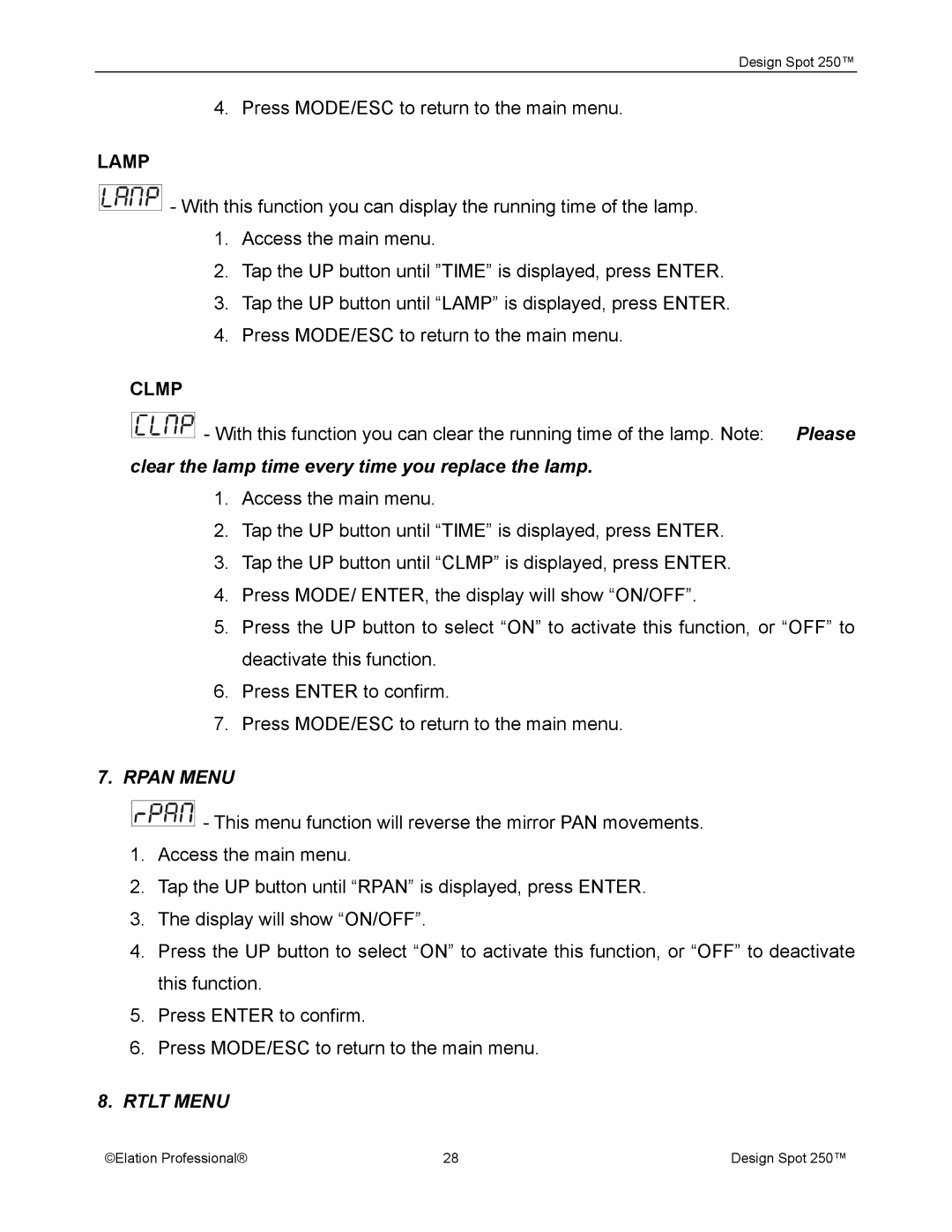 Elation Professional Spot 250 manual Please, Clear the lamp time every time you replace the lamp, Rpan Menu, Rtlt Menu 