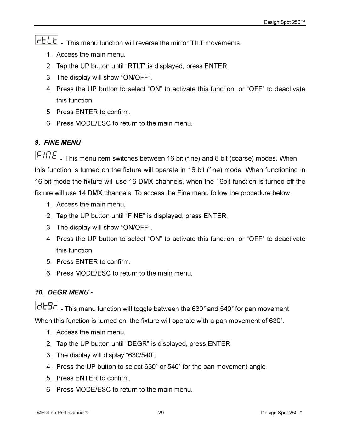 Elation Professional Spot 250 manual Fine Menu, Degr Menu 