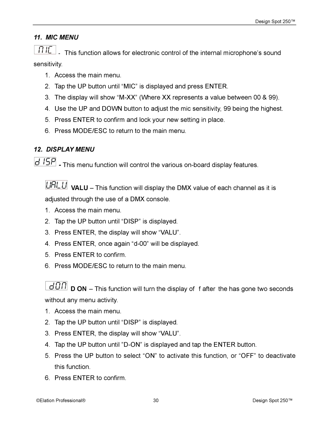 Elation Professional Spot 250 manual MIC Menu, Display Menu 