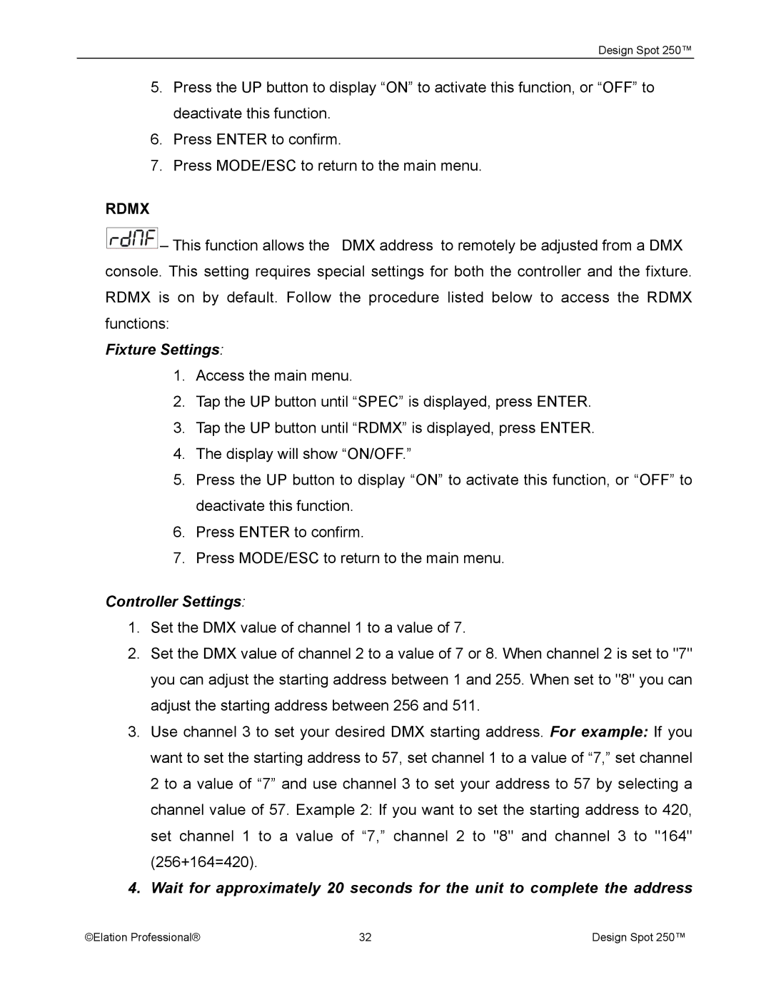 Elation Professional Spot 250 manual Rdmx, Fixture Settings, Controller Settings 