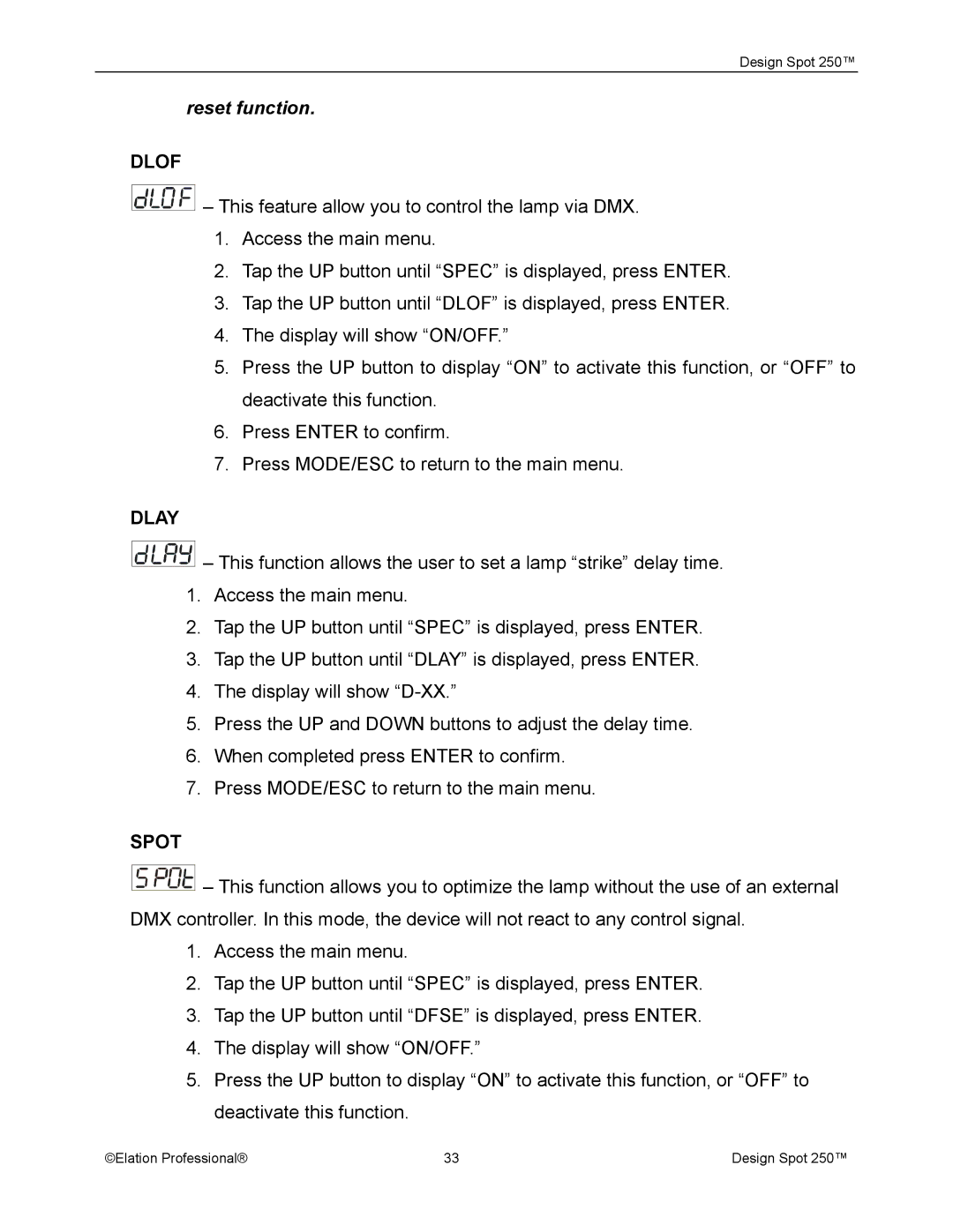 Elation Professional Spot 250 manual Reset function, Dlof, Dlay 