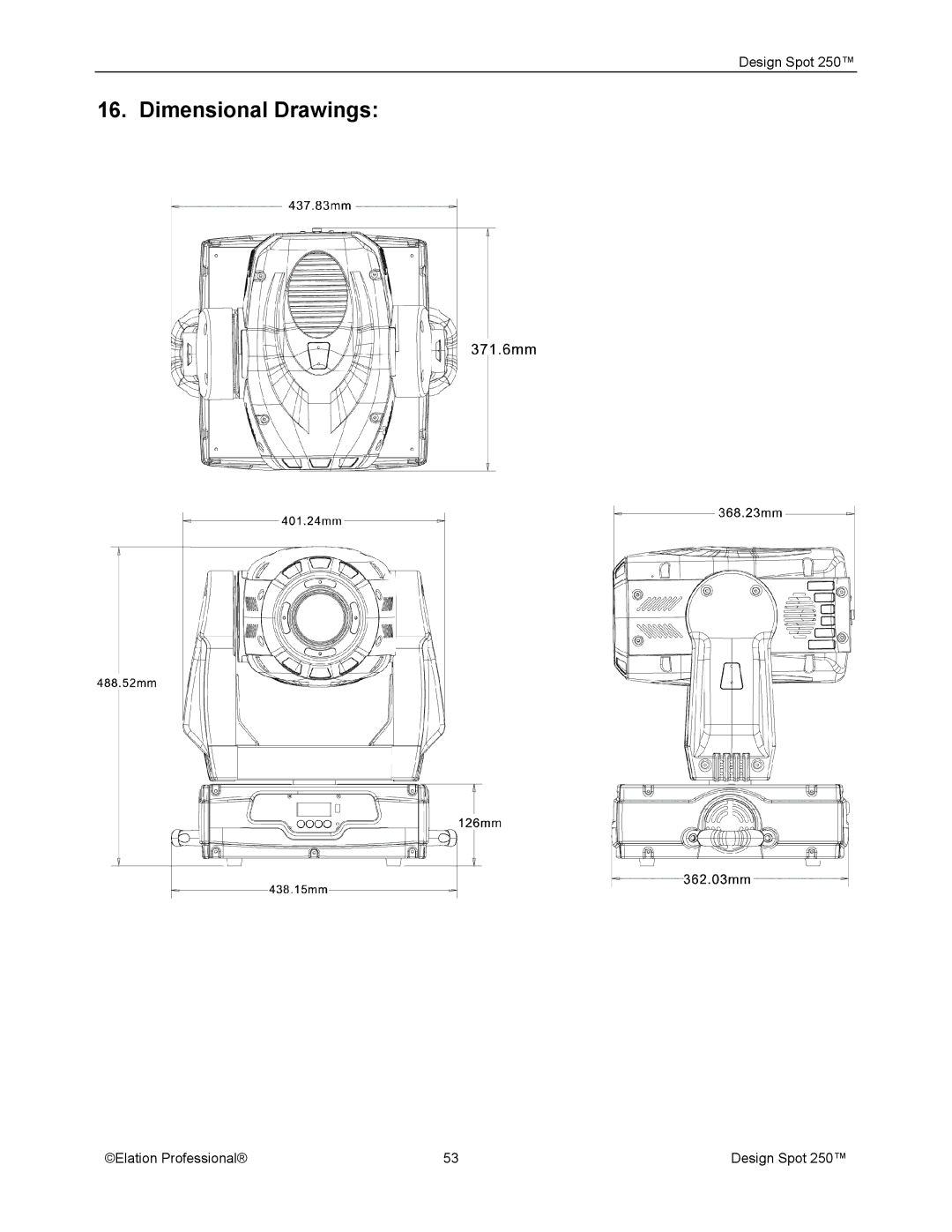 Elation Professional Spot 250 manual Dimensional Drawings 