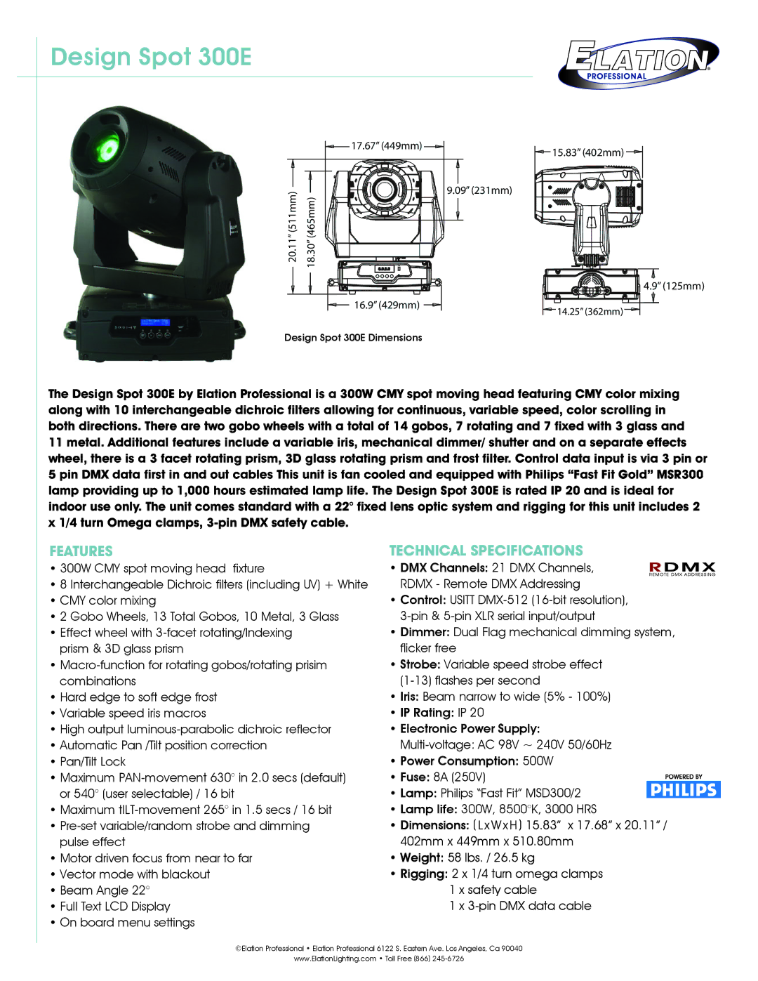 Elation Professional technical specifications Design Spot 300E, Features, Technical Specifications 