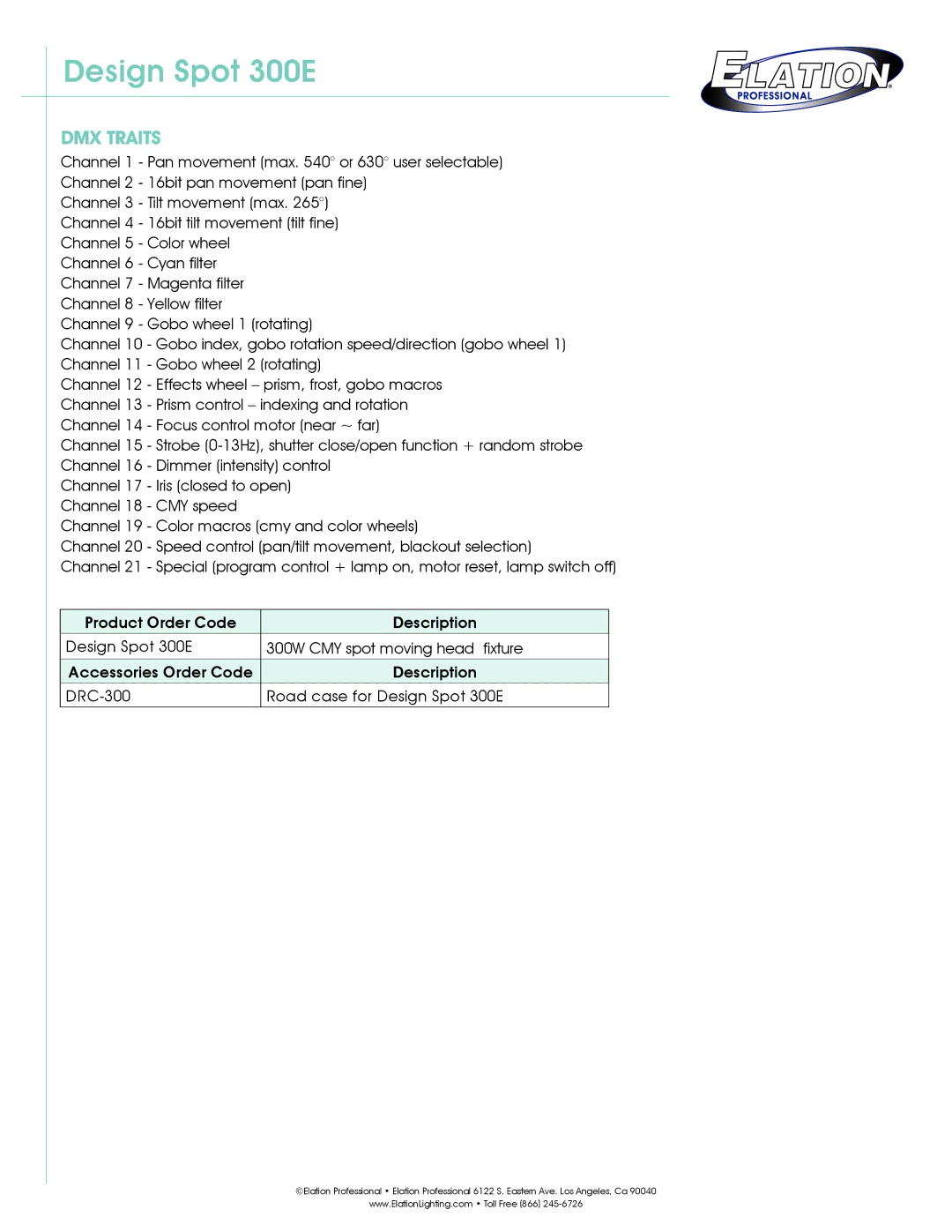 Elation Professional Spot 300E technical specifications DMX Traits 