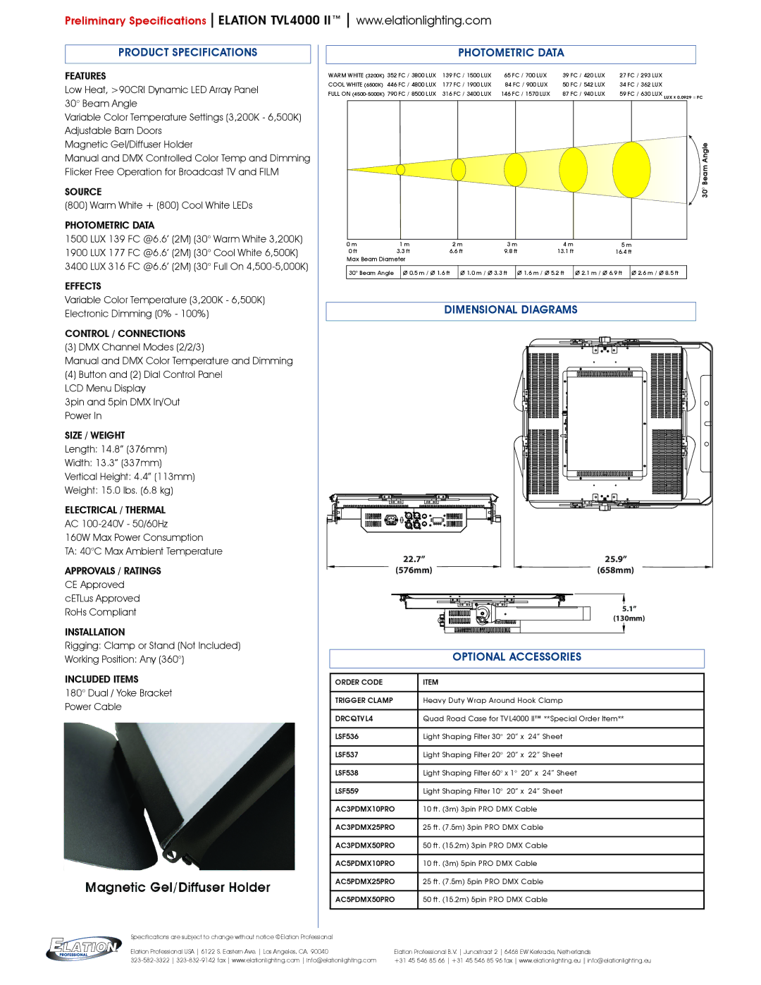 Elation Professional TVL625 Product Specifications, Photometric Data, Dimensional Diagrams, Optional Accessories 