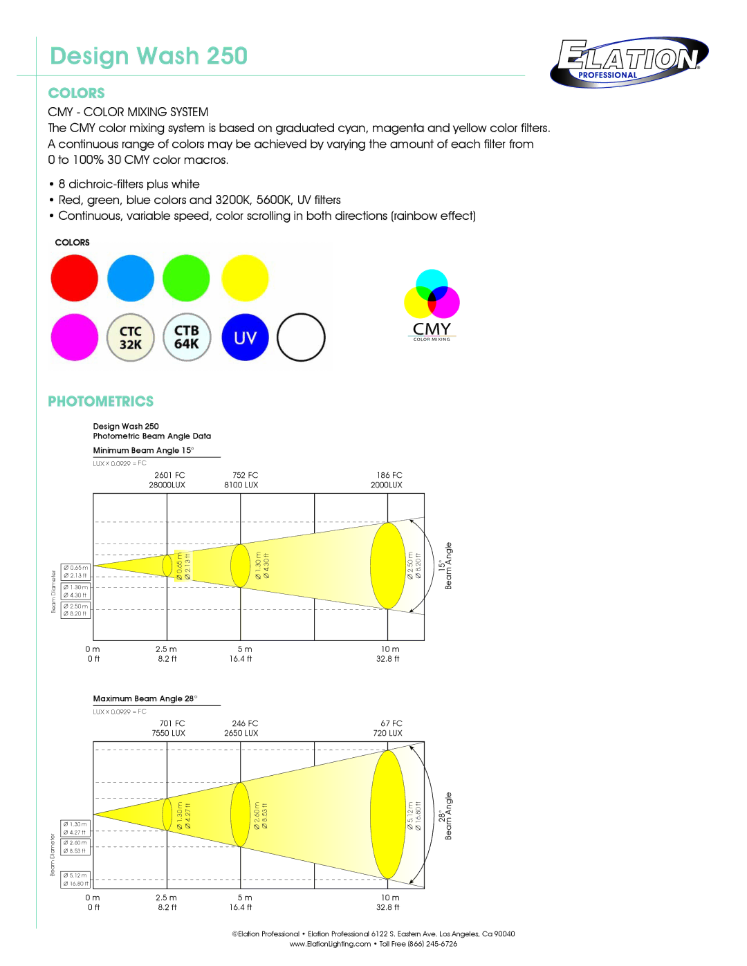 Elation Professional Wash 250 technical specifications Colors, Photometrics, CMY Color Mixing System 