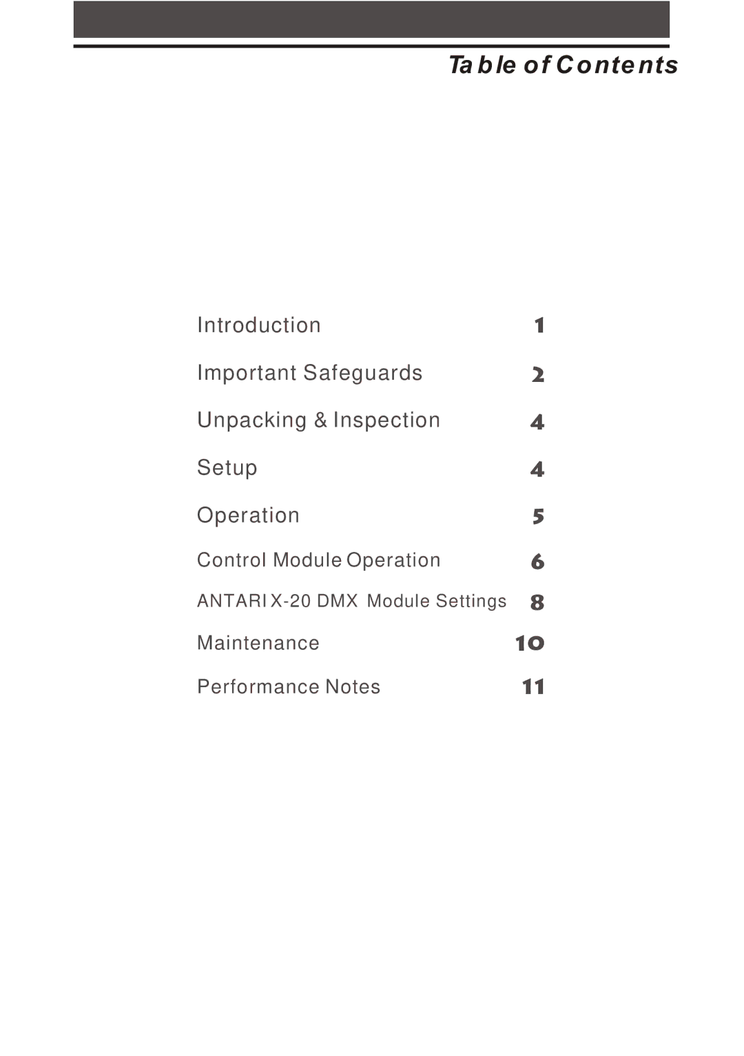 Elation Professional X-Fogger manual Table of Contents 