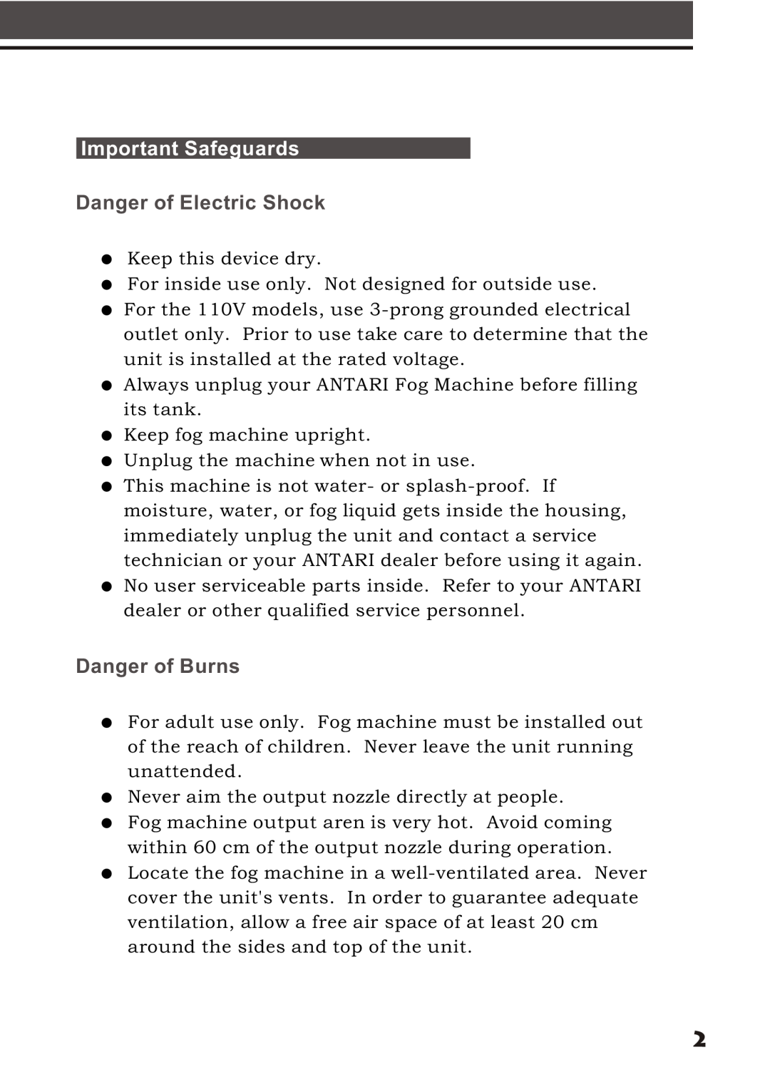 Elation Professional X-Fogger manual Important Safeguards, Danger of Electric Shock, Danger of Burns 