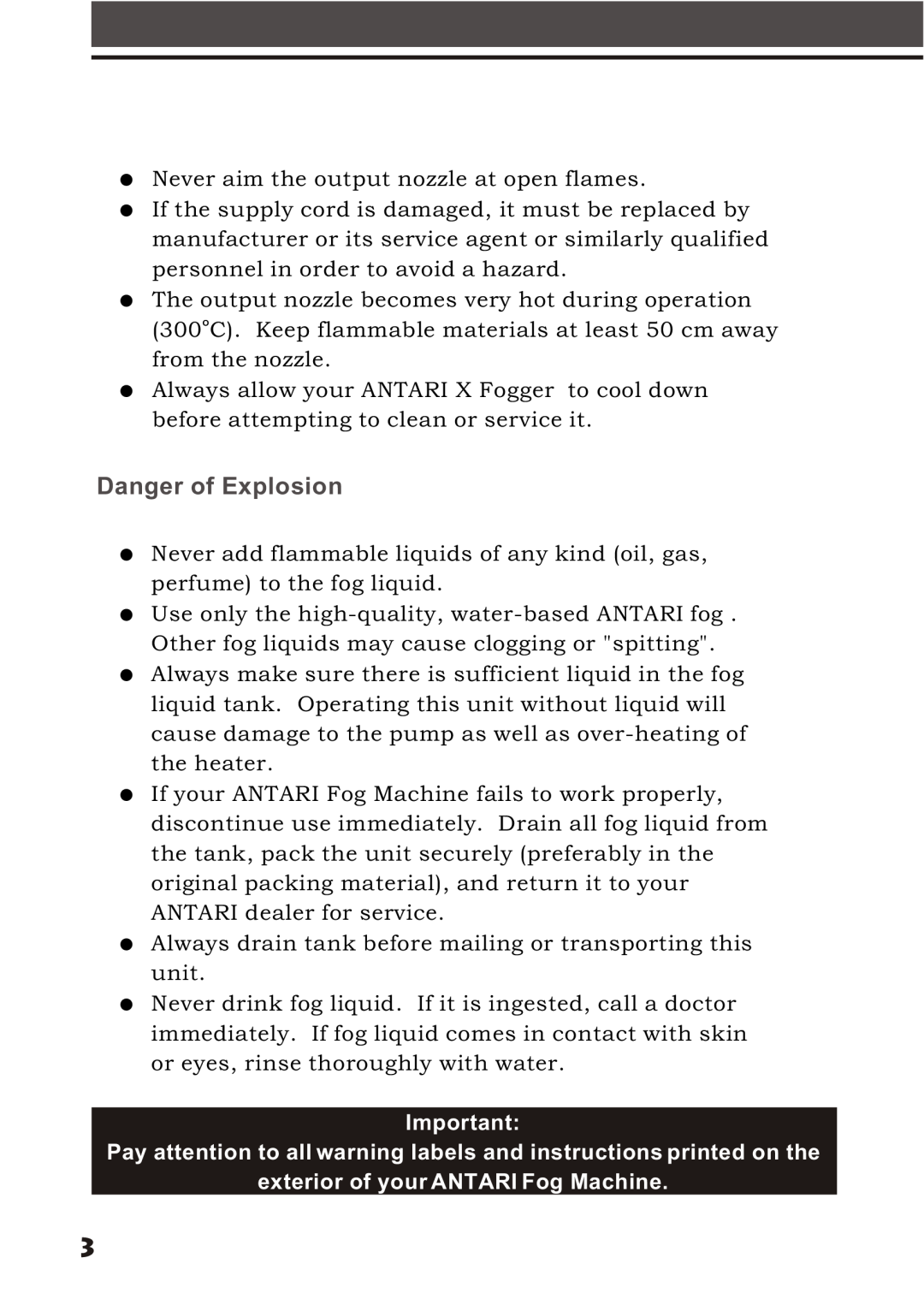 Elation Professional X-Fogger manual Danger of Explosion, exterior of your ANTARI Fog Machine 