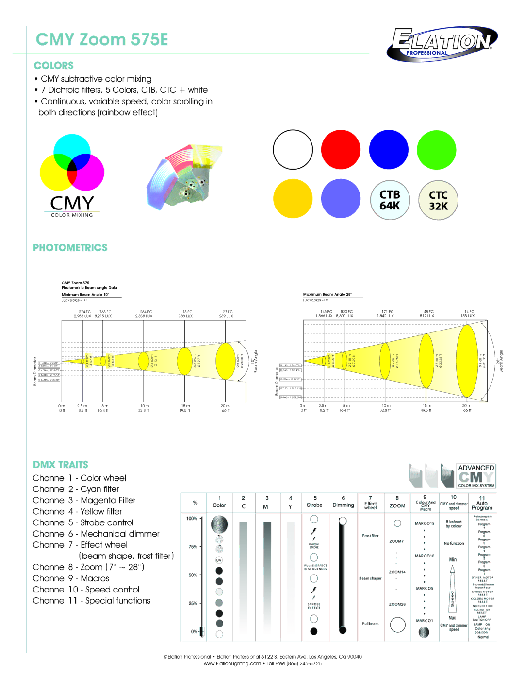 Elation Professional Zoom 575E technical specifications Cmy, Colors, Photometrics, DMX Traits 