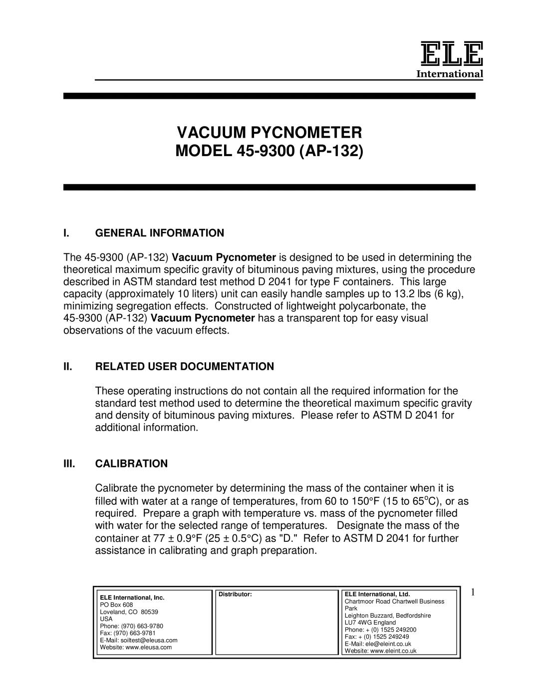 Ele 45-9300 manual General Information, II. Related User Documentation, III. Calibration 