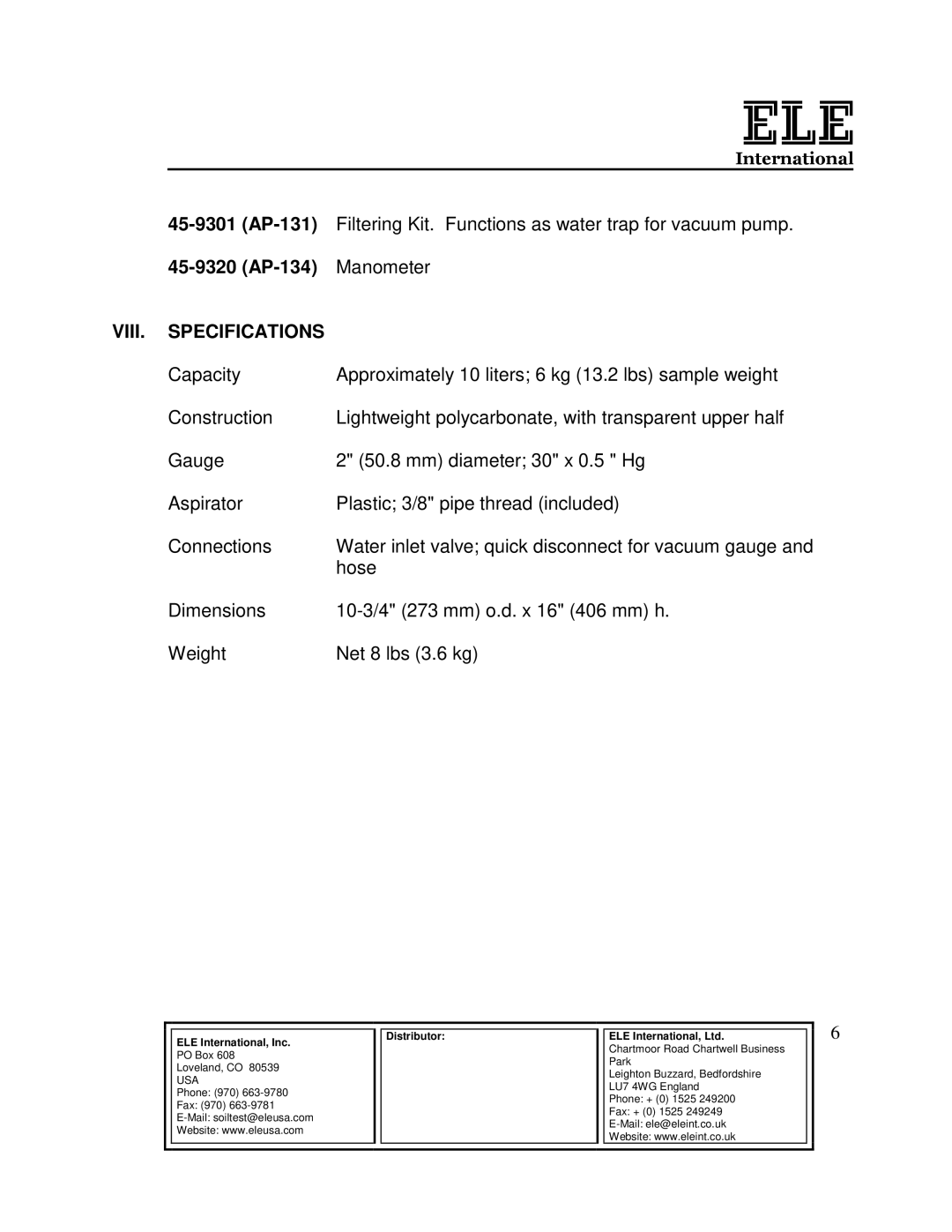 Ele 45-9300 manual VIII. Specifications 