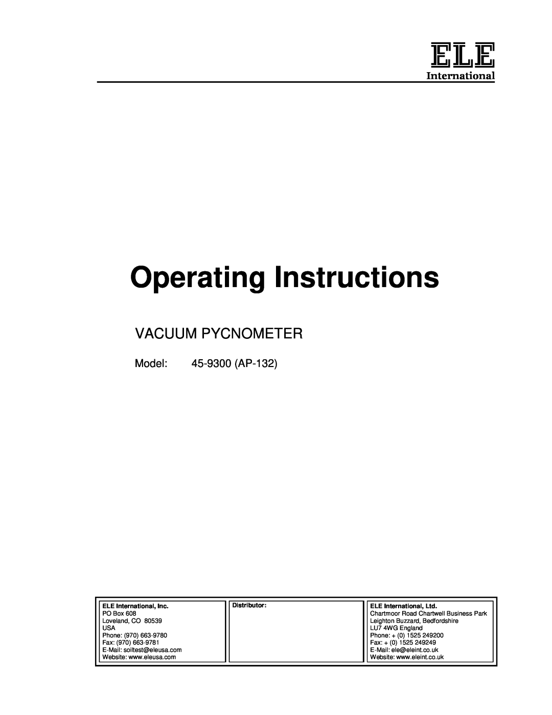 Ele 45-9300 manual Operating Instructions, Vacuum Pycnometer, ELE International, Inc, Distributor 