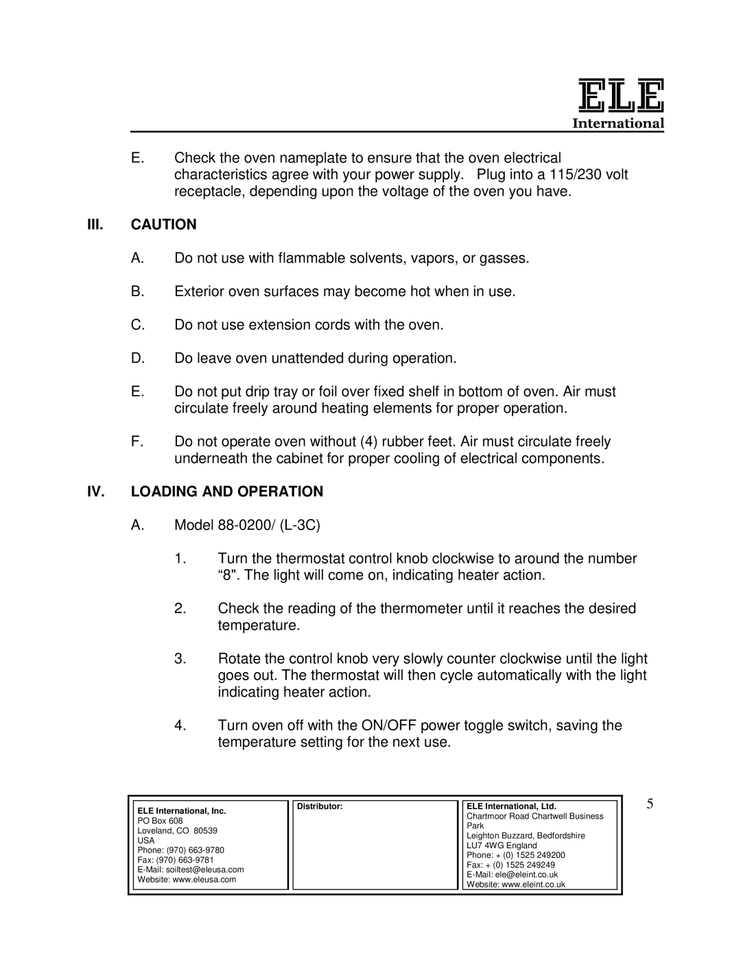 Ele 88-0220/02 (L-8C), 88-0210/02 (L-5C), 88-0200/02 (L-3C), 88-0220/01 (L-8C-4) III. Caution, IV. Loading and Operation 