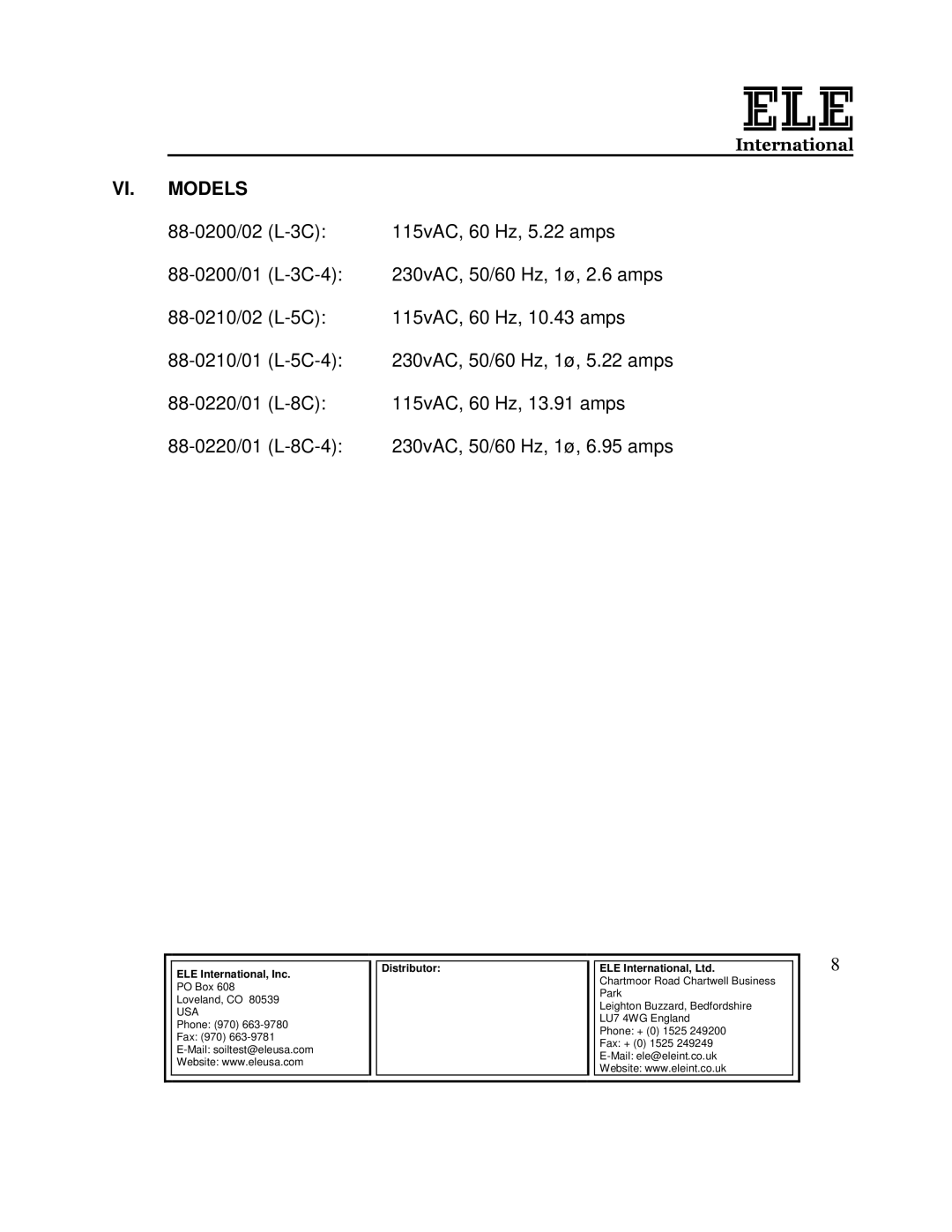 Ele 88-0220/01 (L-8C-4), 88-0210/02 (L-5C), 88-0200/02 (L-3C), 88-0200/01 (L-3C-4), 88-0210/01 (L-5C-4) manual VI. Models 