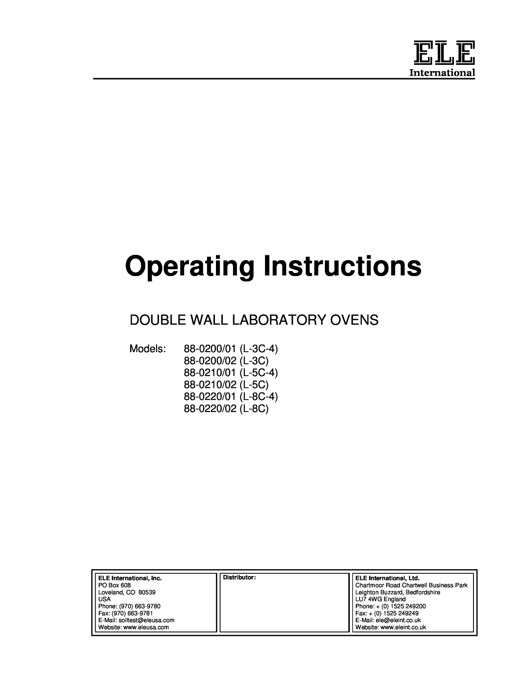 Ele 88-0200/02 (L-3C) manual Operating Instructions, Double Wall Laboratory Ovens, ELE International, Inc, Distributor 