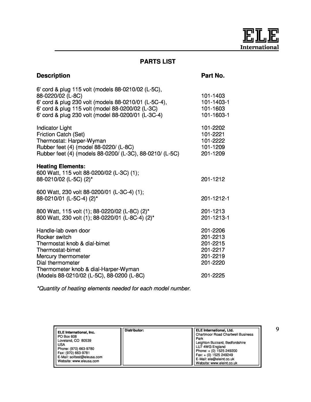 Ele 88-0200/01 (L-3C-4), 88-0210/02 (L-5C), 88-0200/02 (L-3C) manual Description, Parts List, International, Heating Elements 