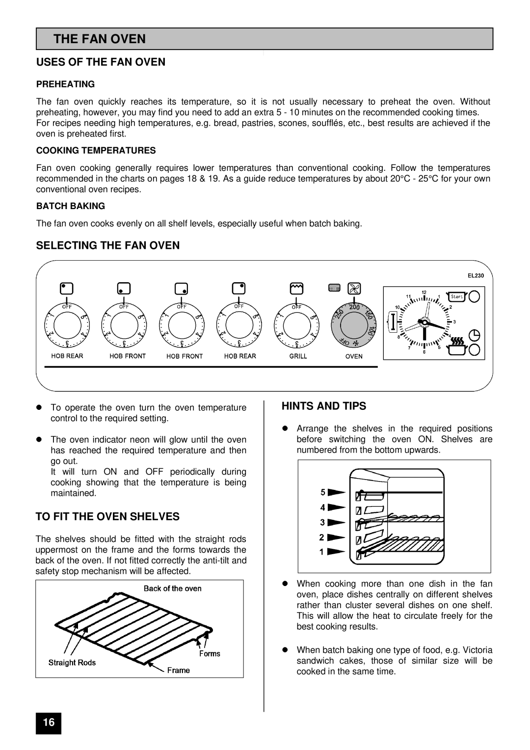 Electra Accessories 230W/I manual Uses of the FAN Oven, Selecting the FAN Oven, To FIT the Oven Shelves, Hints and Tips 