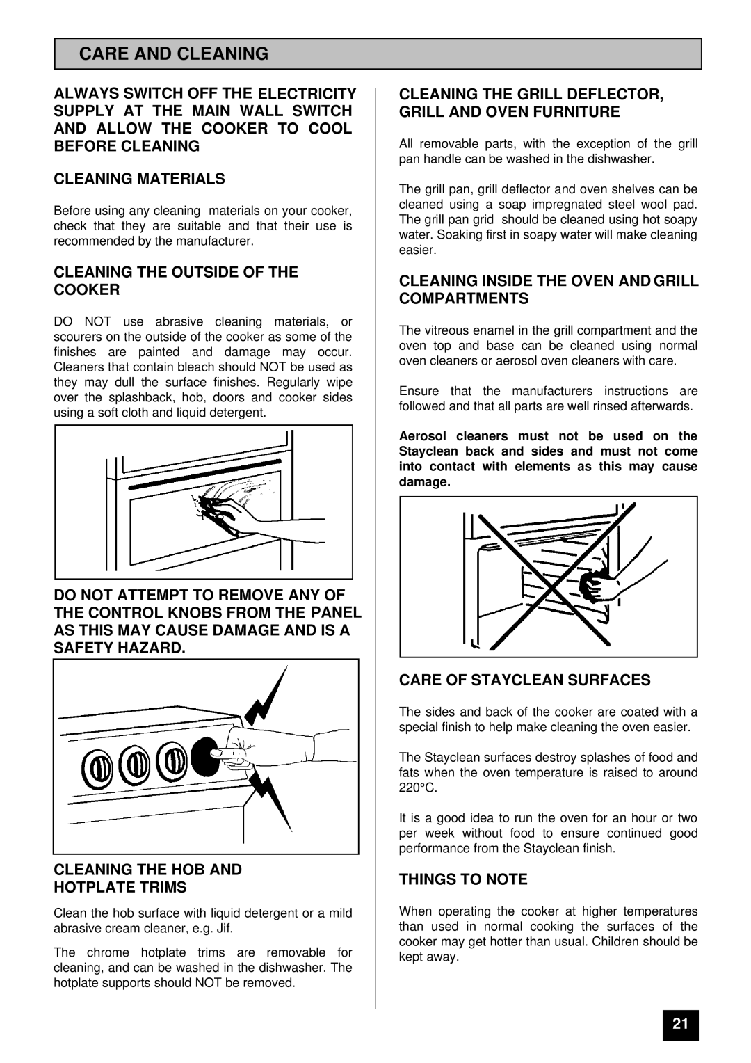 Electra Accessories 230W/I manual Care and Cleaning, Cleaning the Outside of the Cooker, Care of Stayclean Surfaces 