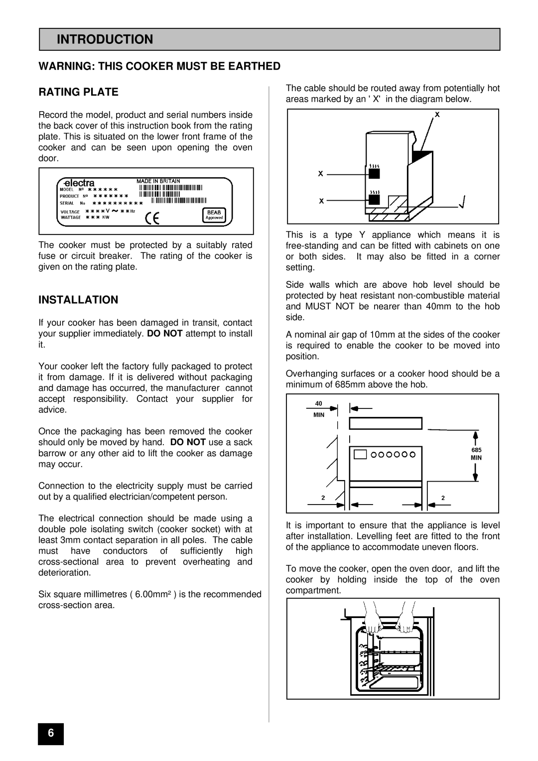 Electra Accessories 230W/I manual Introduction, Rating Plate, Installation 