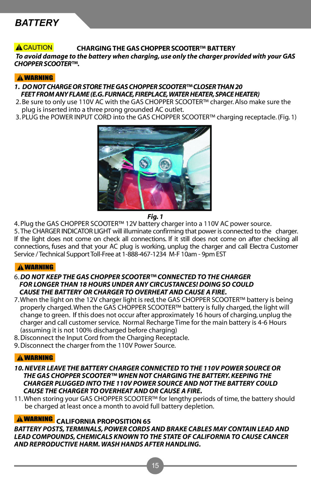 Electra Accessories 88969, 88905 user manual Charging the GAS Chopper Scooter Battery, California Proposition 