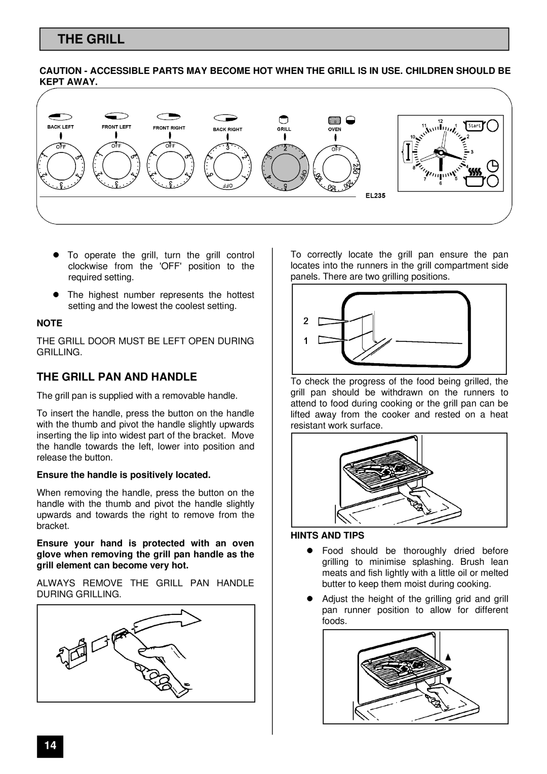 Electra Accessories EL 235 manual Grill PAN and Handle, Ensure the handle is positively located, Hints and Tips 