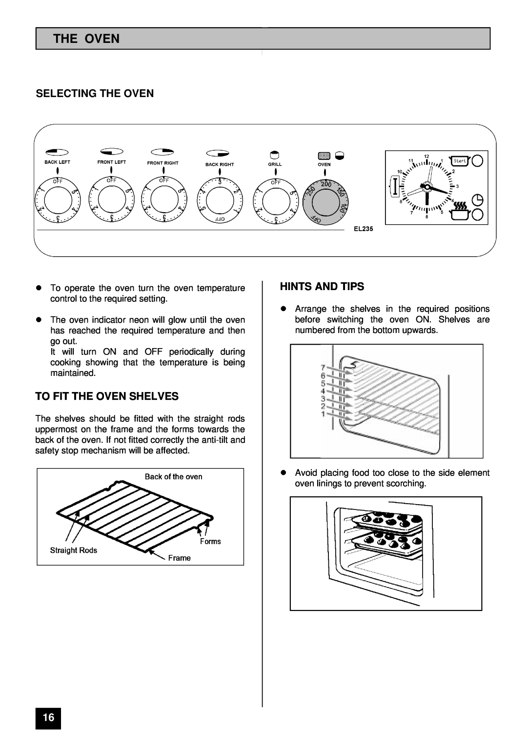 Electra Accessories EL 235 manual Selecting The Oven, To Fit The Oven Shelves, lHINTS AND TIPS 