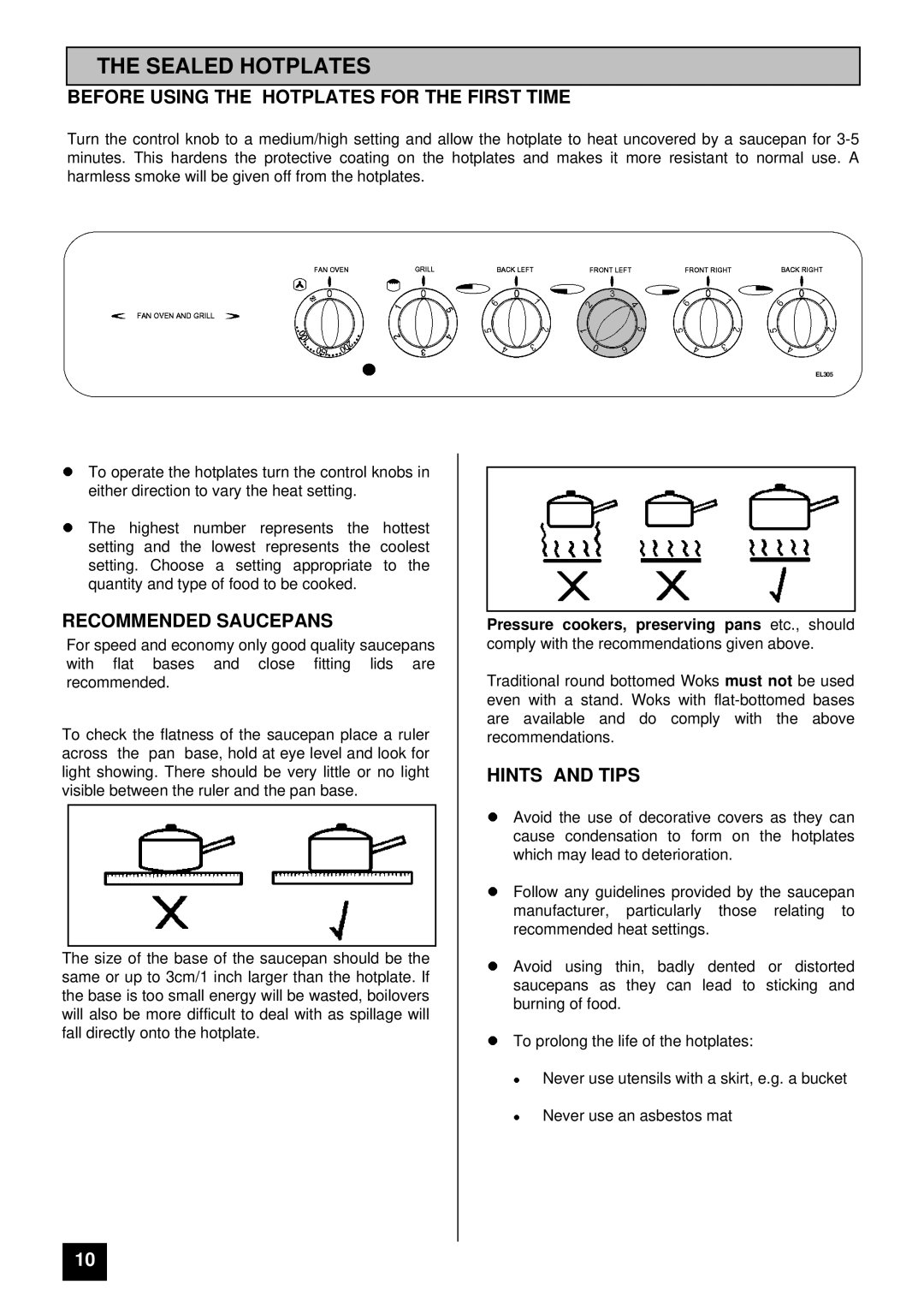 Electra Accessories EL 305C manual Sealed Hotplates, Before Using the Hotplates for the First Time, Recommended Saucepans 