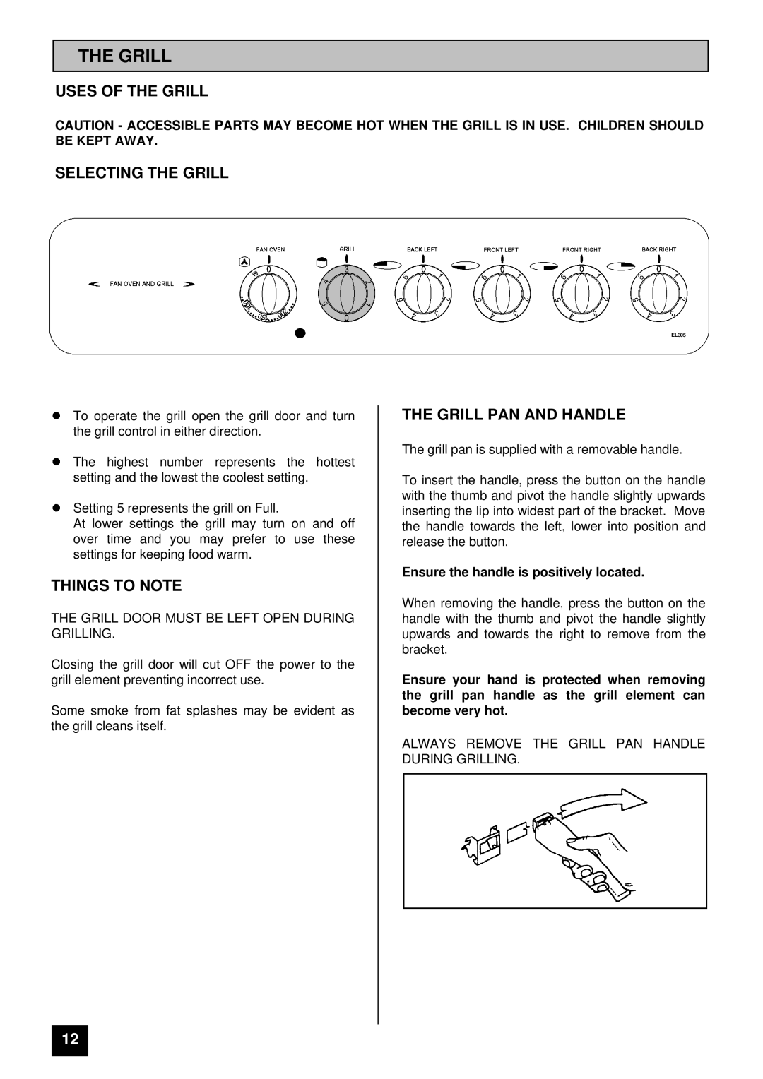 Electra Accessories EL 305C manual Uses of the Grill Selecting the Grill, Things to Note, Grill PAN and Handle 