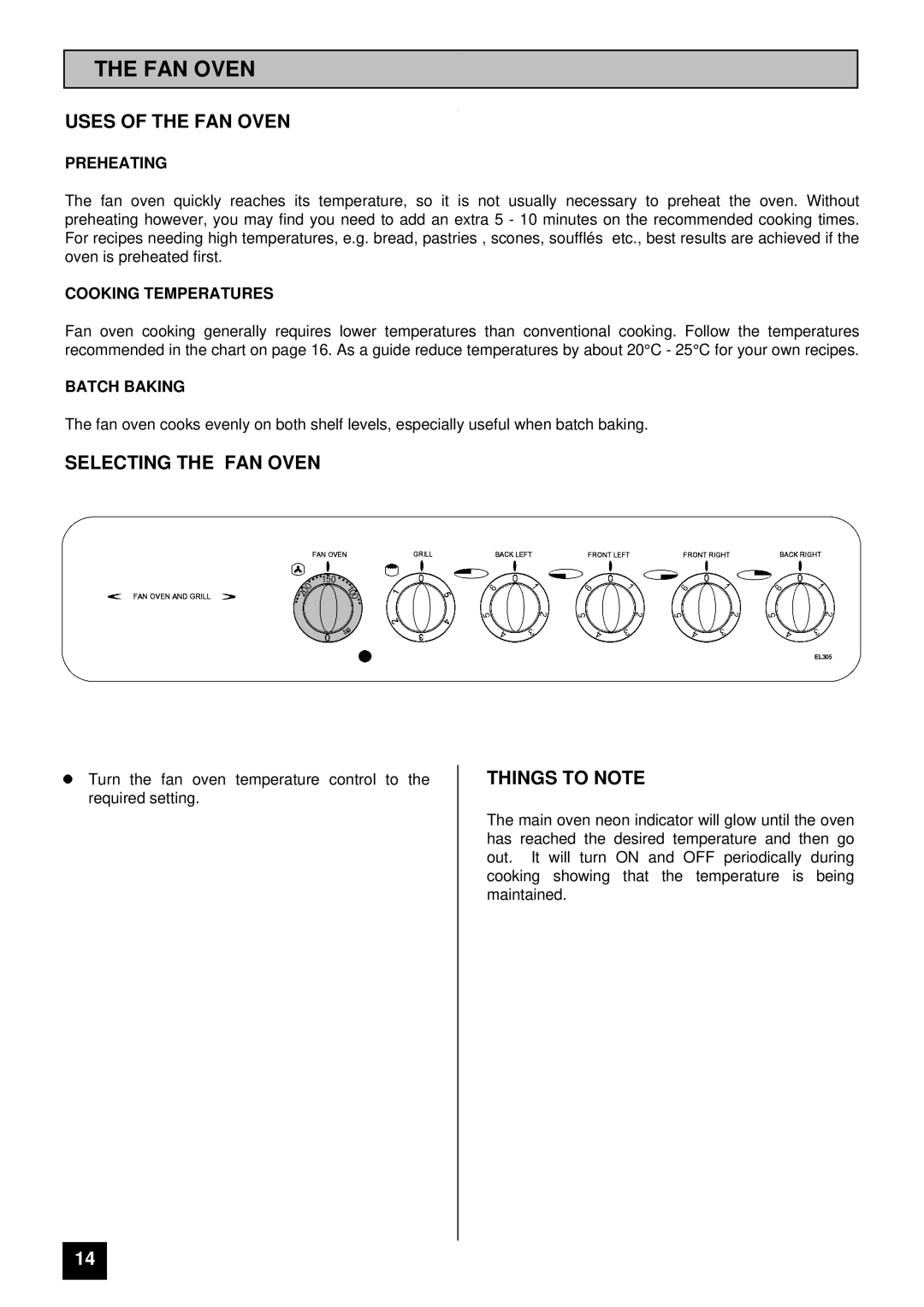 Electra Accessories EL 305C manual Uses of the FAN Oven, Selecting the FAN Oven 