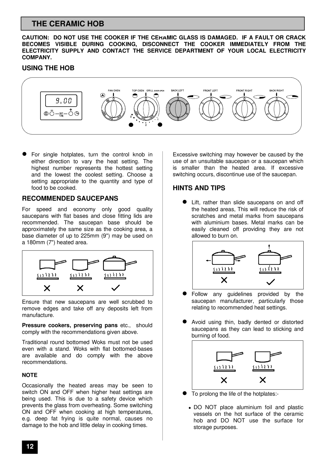 Electra Accessories EL 370 manual Ceramic HOB, Using the HOB, Recommended Saucepans, Hints and Tips 