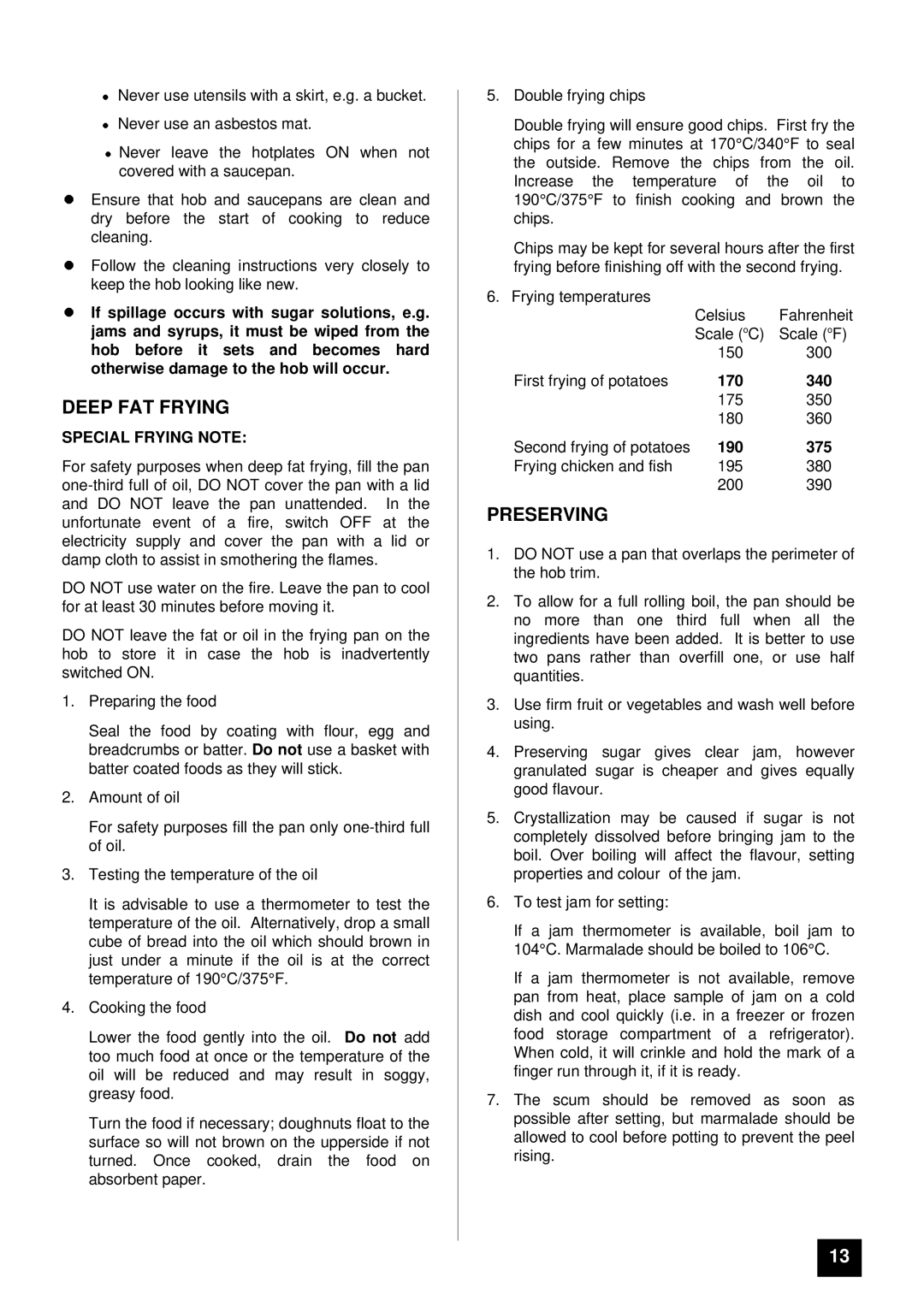 Electra Accessories EL 370 manual Deep FAT Frying, Preserving, Special Frying Note, 170 340, 190 375 
