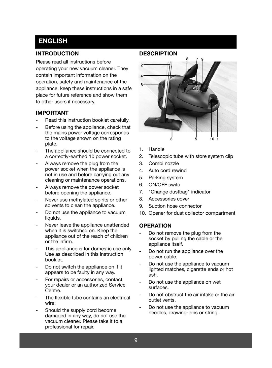 Electric-Spin 640090 manual English, Introduction, Description, Operation 