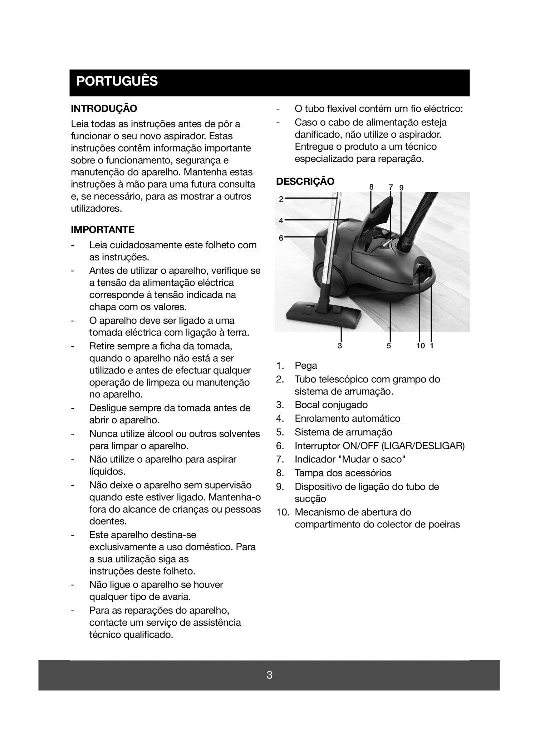 Electric-Spin 640090 manual Português, Introdução, Importante, Descrição 