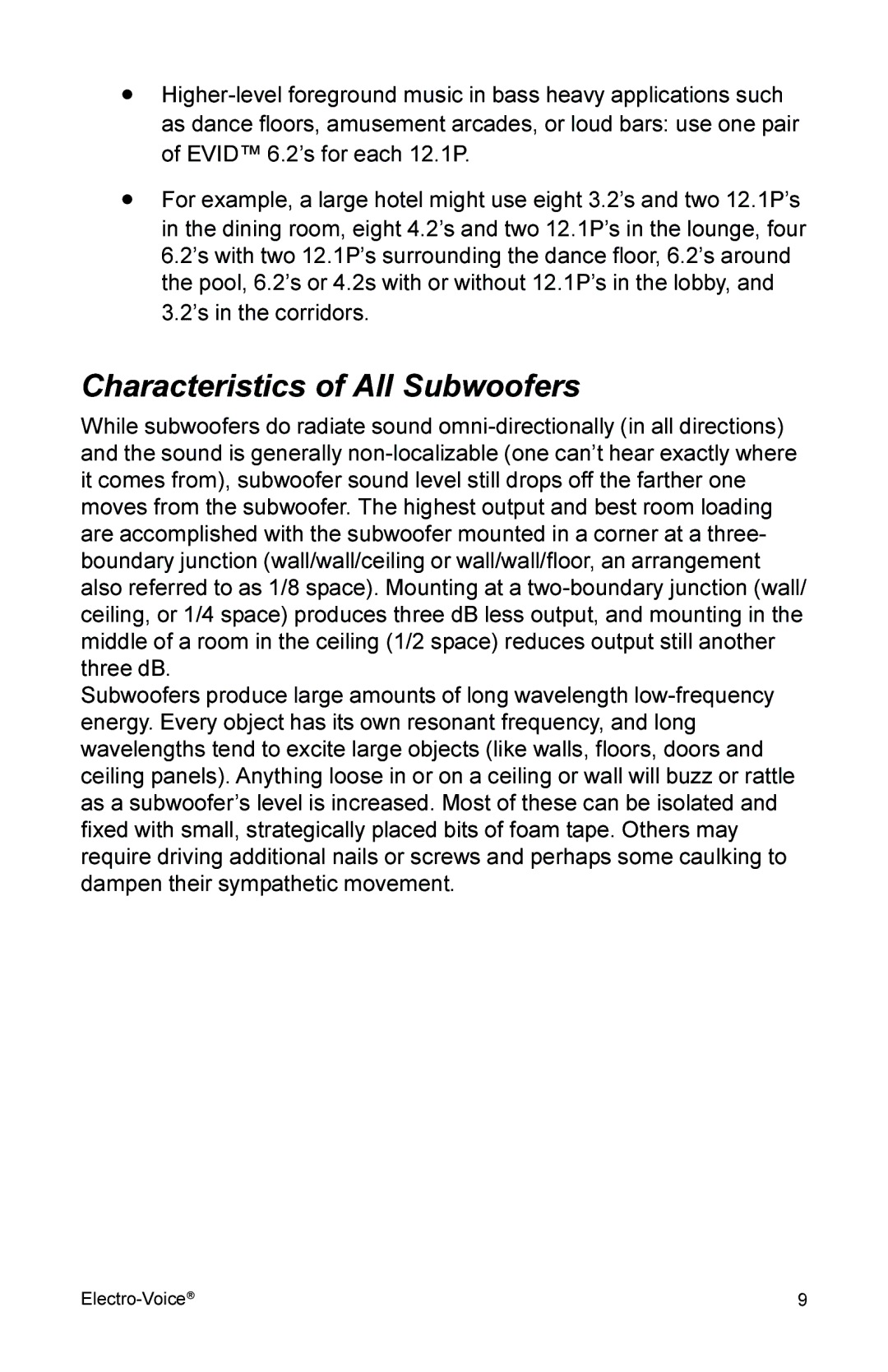 Electro-Voice 2.1P user manual Characteristics of All Subwoofers 