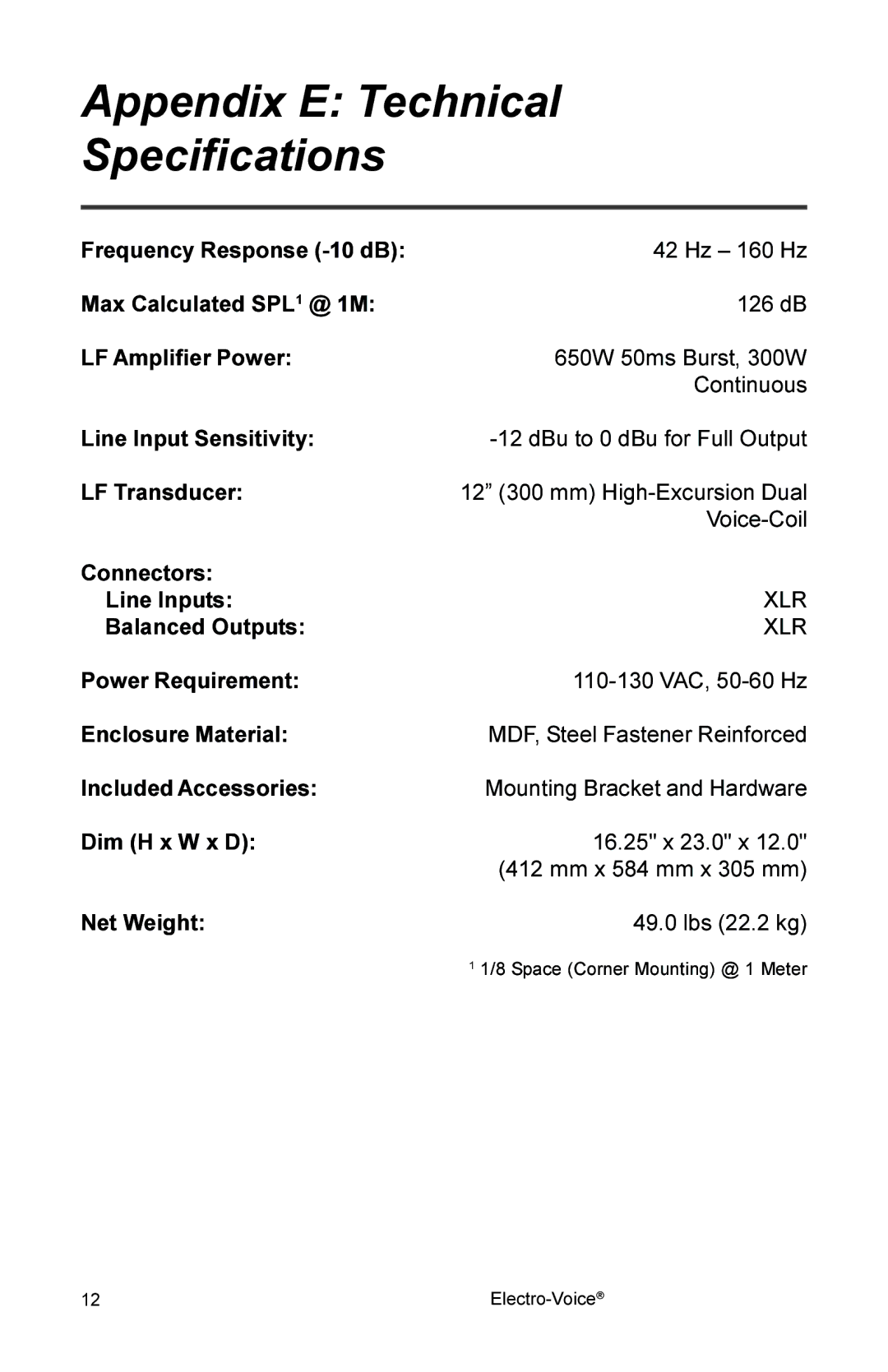 Electro-Voice 2.1P user manual Appendix E Technical Specifications 