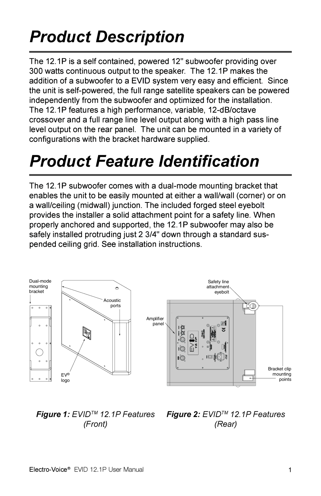 Electro-Voice 2.1P user manual Product Description, Product Feature Identification 