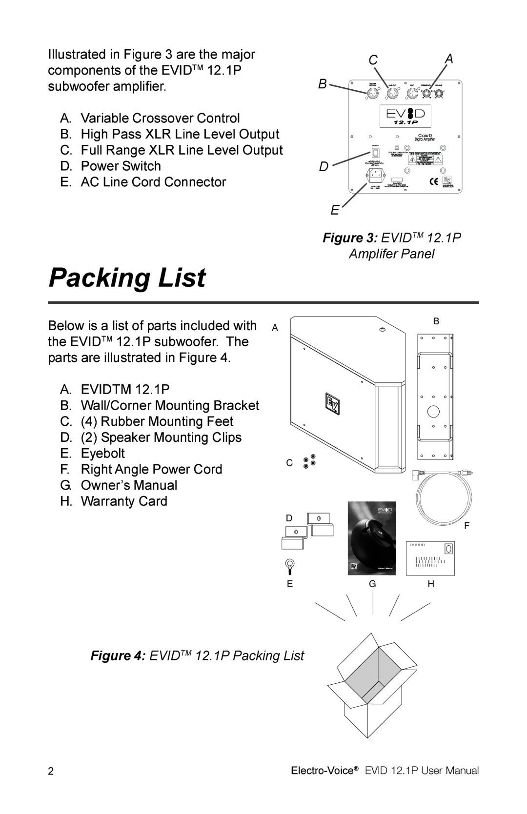 Electro-Voice 2.1P user manual Packing List, Amplifer Panel 