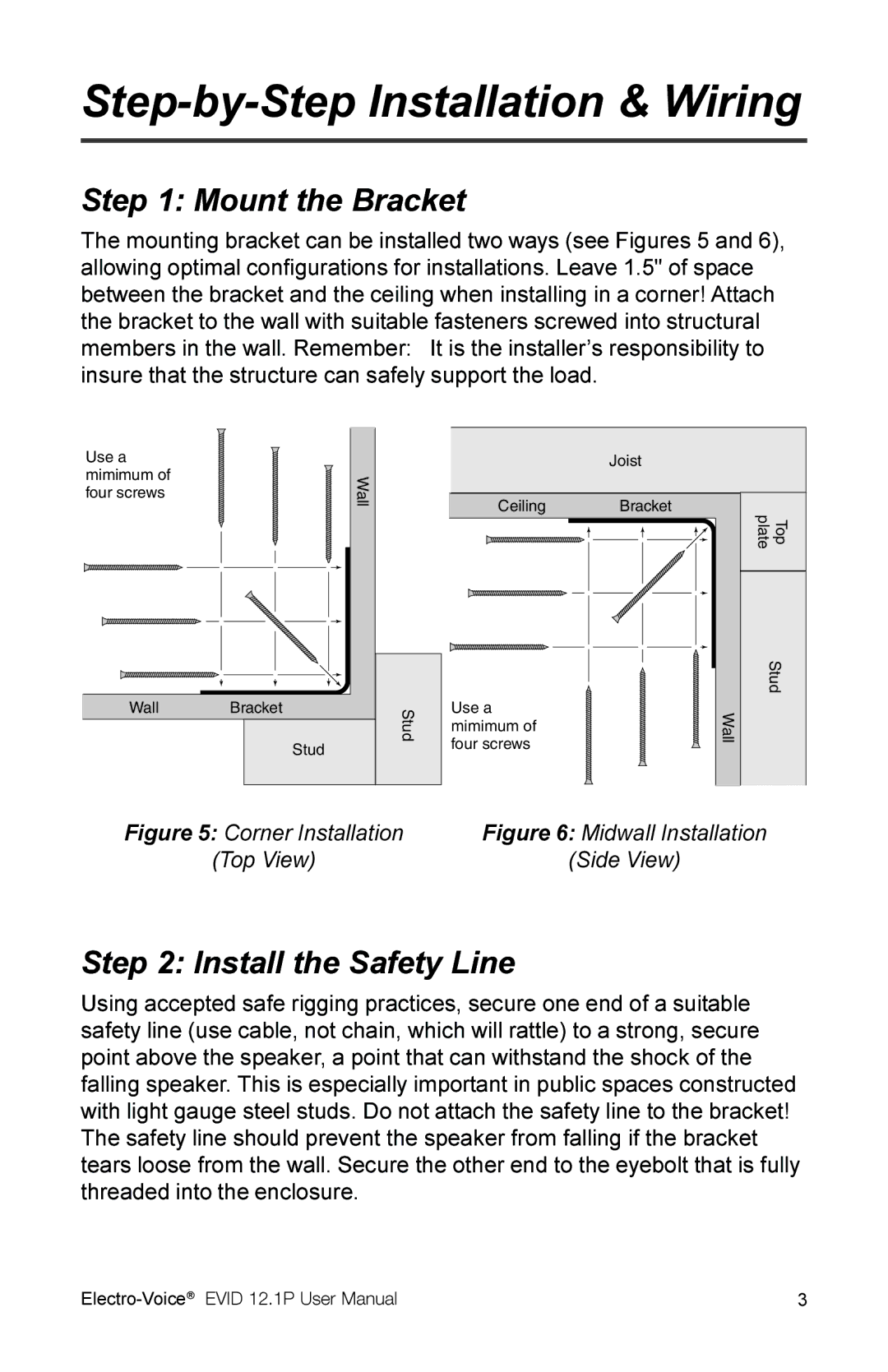 Electro-Voice 2.1P user manual Step-by-Step Installation & Wiring, Mount the Bracket, Install the Safety Line 