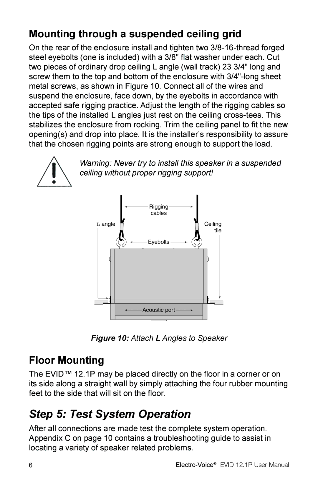 Electro-Voice 2.1P user manual Test System Operation, Mounting through a suspended ceiling grid 