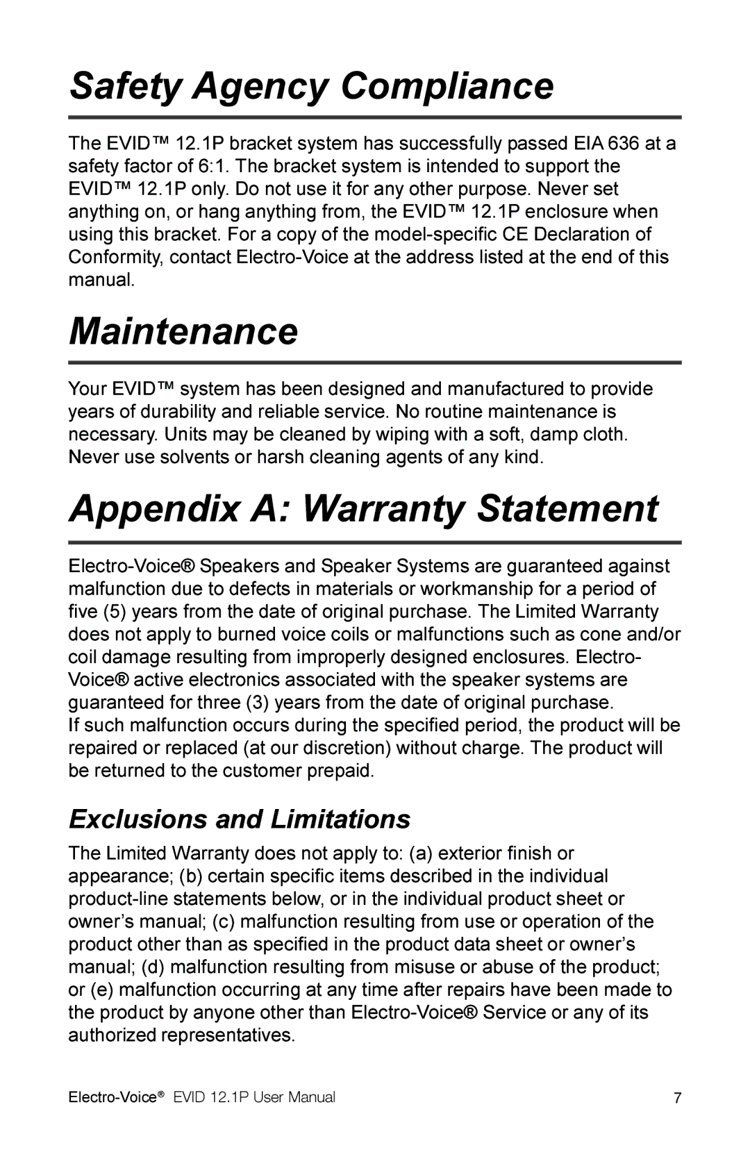 Electro-Voice 2.1P Safety Agency Compliance, Maintenance, Appendix a Warranty Statement, Exclusions and Limitations 