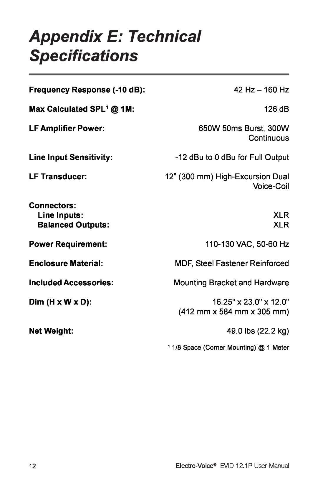 Electro-Voice 2.1P user manual Appendix E Technical Specifications 