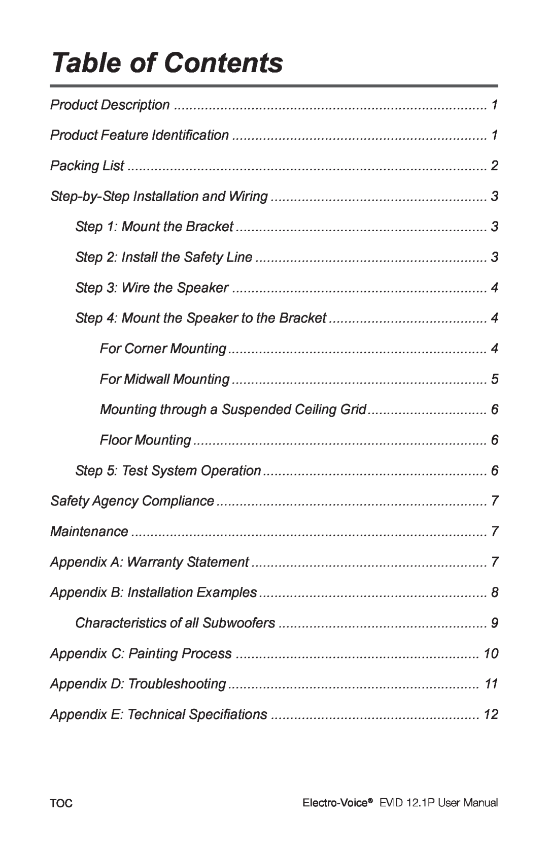 Electro-Voice 2.1P user manual Table of Contents 