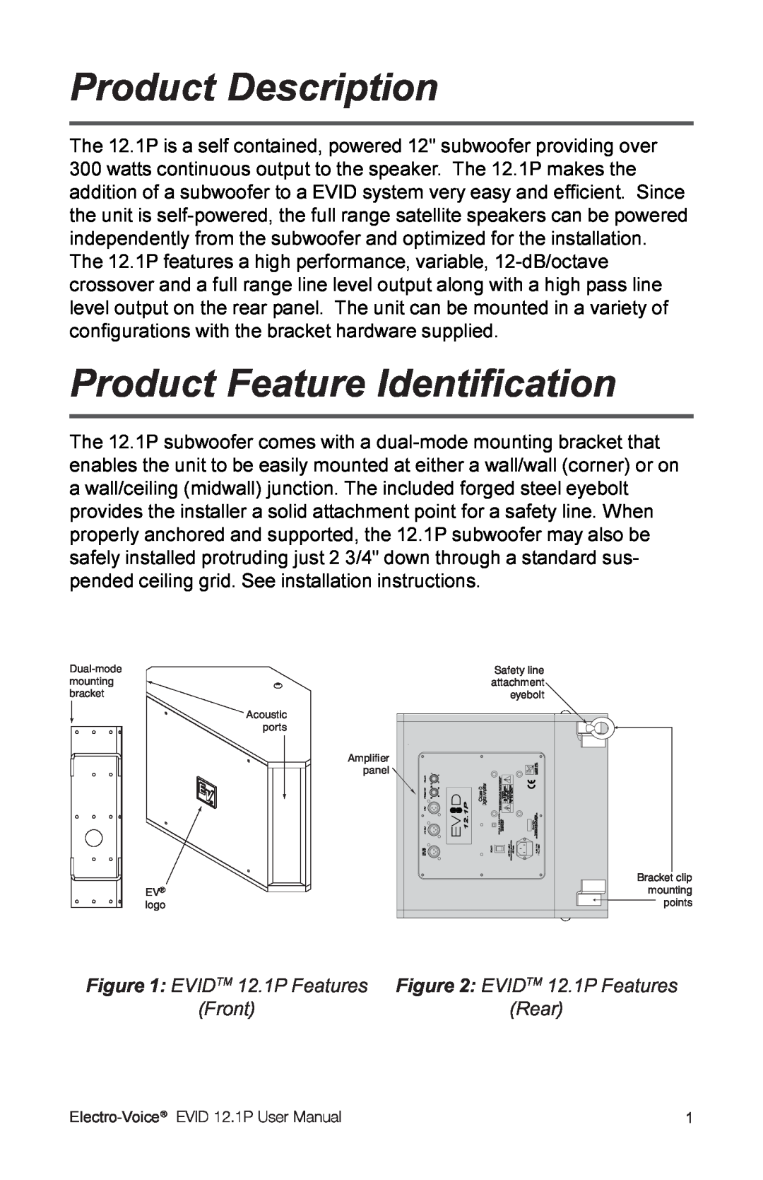Electro-Voice 2.1P user manual Product Description, Product Feature Identification, Electro-Voice 